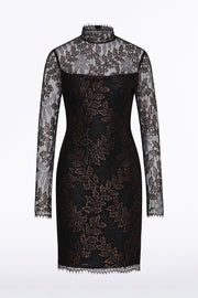 BLACK METALLIC LACE LONG SLEEVED SHORT DRESS