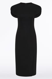 BLACK CREPE PETAL SLEEVE FITTED DRESS