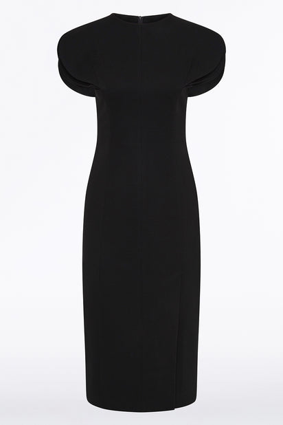 BLACK CREPE PETAL SLEEVE FITTED DRESS