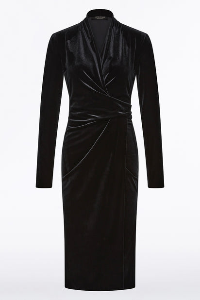 BLACK VELVET TIE FRONT MIDI DRESS