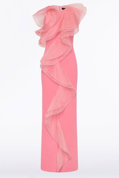 ROSE PINK CREPE RUFFLE FRONT GOWN