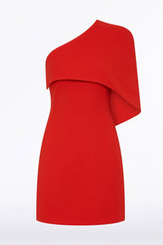 RED CREPE ONE SHOULDER CAPELET MINI DRESS