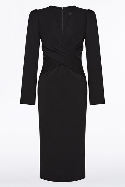 BLACK PONTE TWIST FRONT MIDI DRESS