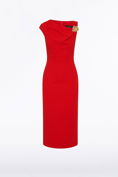 RED CREPE LEAF MIDI DRESS