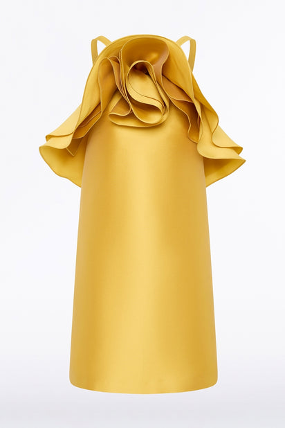 GOLDEN MATTE SATEEN SCULPTURAL FLOWER MINI DRESS