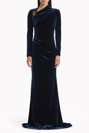 NAVY VELVET ASYMMETRIC NECK DETAIL GOWN