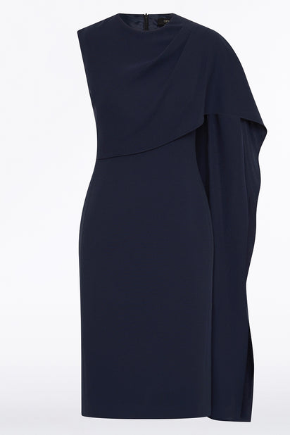 NAVY CREPE CASCADE DRESS