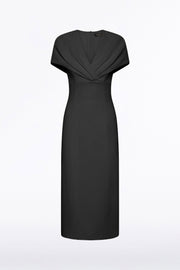 BLACK CREPE FRONT TUCK MIDI DRESS