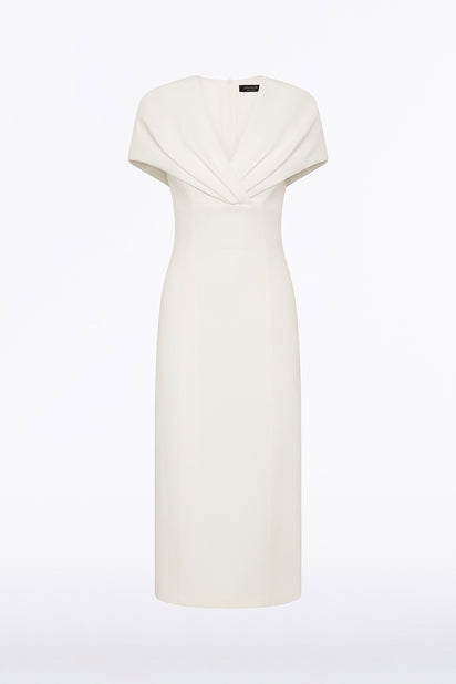 WHITE CREPE FRONT TUCK MIDI DRESS