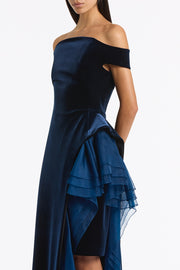 NAVY VELVET ORGANZA DETAIL GOWN