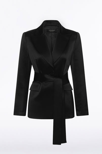 BLACK SATIN ACETATE TIE WAIST BLAZER
