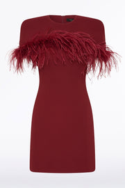 CABERNET CREPE FEATHER DETAIL MINI CAPE DRESS