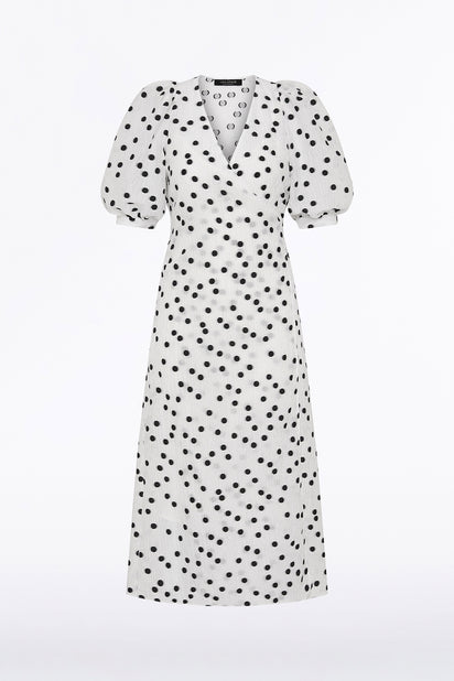 WHITE AND BLACK SPOT JACQUARD PUFF SLEEVE WRAP DRESS