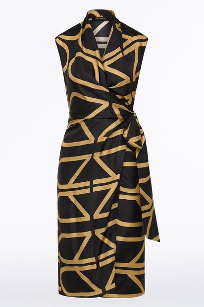 BLACK AND BRANDY GRID SILK TWILL WRAP DRESS