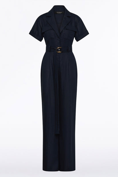 NAVY LINEN UTILITY BELTED JUMPSUIT