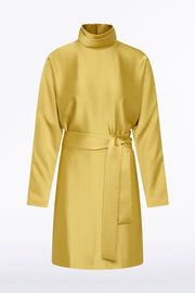 PEAR LUSTRE SATIN HIGH COLLAR BELTED DRESS