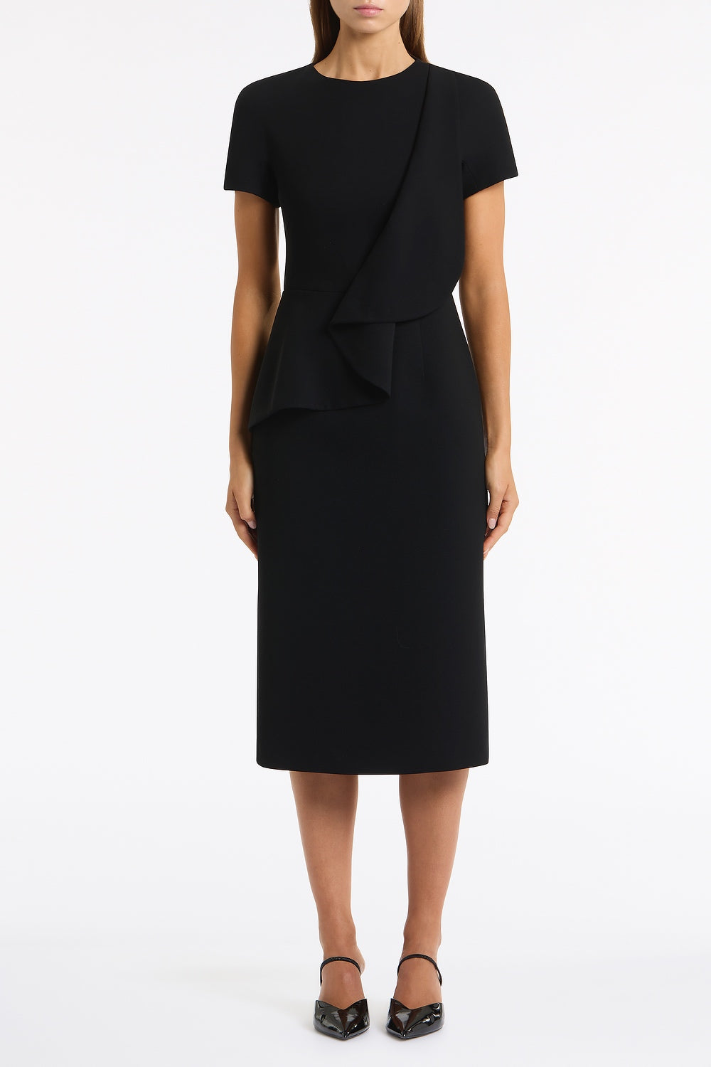 BLACK CREPE DRAPE PEPLUM MIDI DRESS – Carla Zampatti