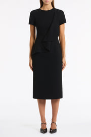 BLACK CREPE DRAPE PEPLUM MIDI DRESS