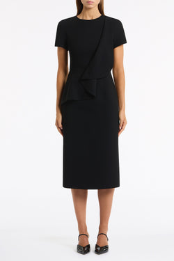 BLACK CREPE DRAPE PEPLUM MIDI DRESS