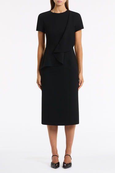 BLACK CREPE DRAPE PEPLUM MIDI DRESS