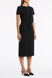BLACK CREPE DRAPE PEPLUM MIDI DRESS