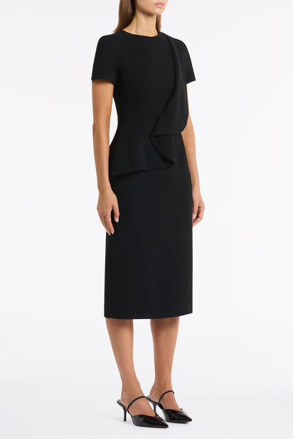 BLACK CREPE DRAPE PEPLUM MIDI DRESS