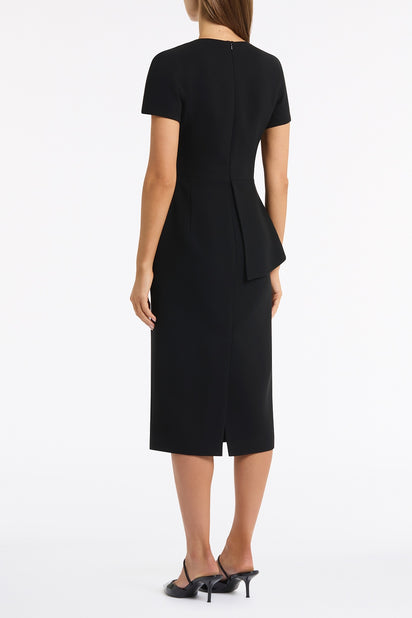 BLACK CREPE DRAPE PEPLUM MIDI DRESS