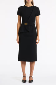 BLACK CREPE DRAPE PEPLUM MIDI DRESS
