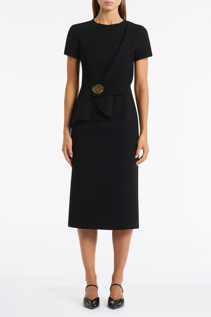 BLACK CREPE DRAPE PEPLUM MIDI DRESS