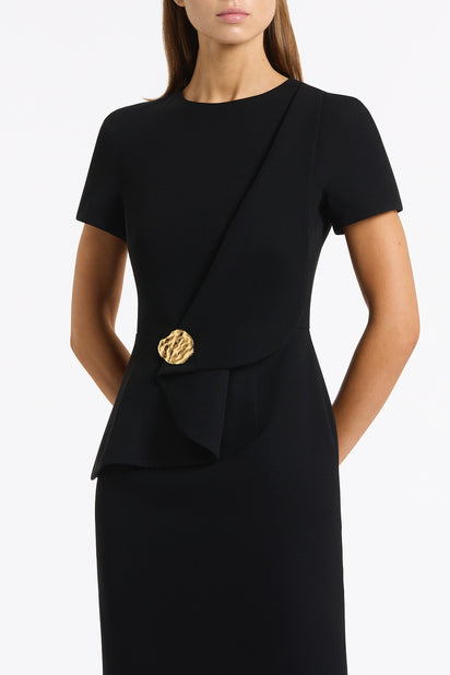 BLACK CREPE DRAPE PEPLUM MIDI DRESS