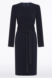 NAVY PINSTRIPE SPLIT SLEEVE MIDI DRESS