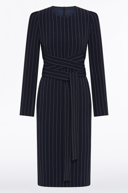 NAVY PINSTRIPE SPLIT SLEEVE MIDI DRESS