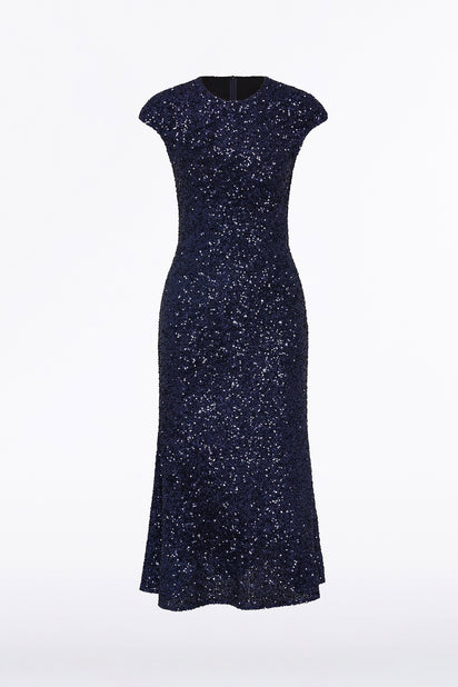 MIDNIGHT CRUSHED SEQUIN FLUTED MIDI DRESS
