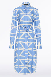 PACIFIC BLUE AND IVORY GRID SILK TWILL RELAXED SHIRT DRESS