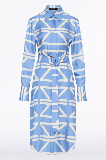 PACIFIC BLUE AND IVORY GRID SILK TWILL RELAXED SHIRT DRESS