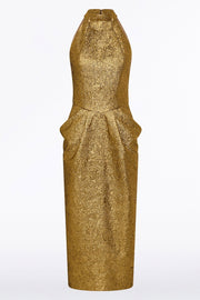 GOLD METALLIC BROCADE HALTER NECK DRESS
