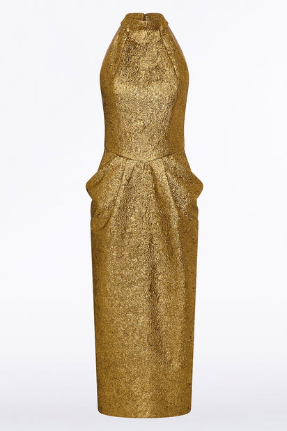 GOLD METALLIC BROCADE HALTER NECK DRESS