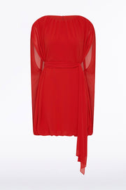 RED GEORGETTE GATHERED CAPELET DRESS