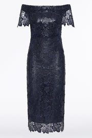 NAVY FOILED LACE OFF-SHOULDER DRESS