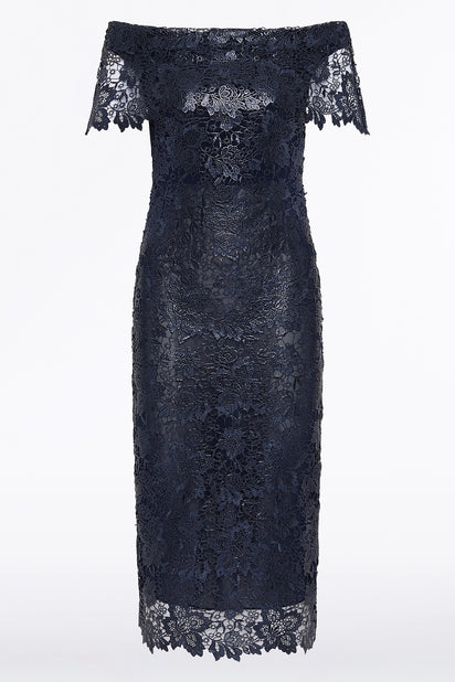NAVY FOILED LACE OFF-SHOULDER DRESS
