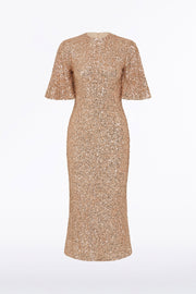 CHAMPAGNE CRUSHED SEQUIN BELL SLEEVE MIDI DRESS