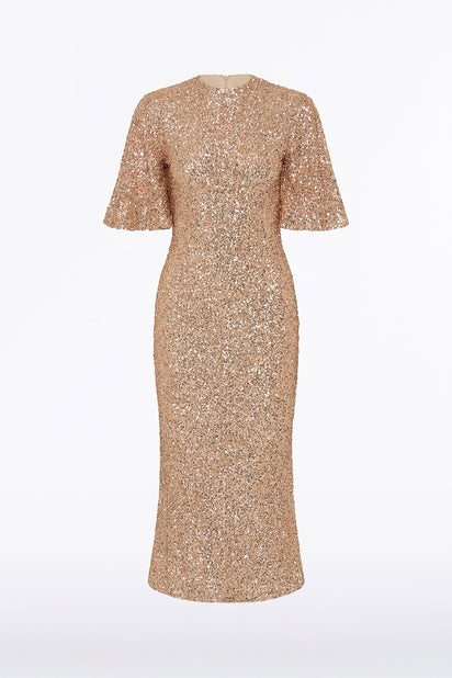 CHAMPAGNE CRUSHED SEQUIN BELL SLEEVE MIDI DRESS