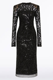 BLACK SWIRL SEQUIN LONG SLEEVE MIDI DRESS