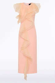 PALE ROSE CREPE RUFFLE FRONT MIDI DRESS