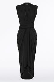 BLACK GEORGETTE SLEEVELESS WATERFALL DRESS