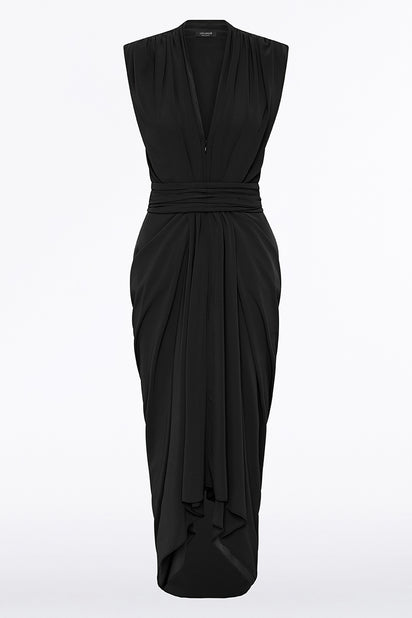 BLACK GEORGETTE SLEEVELESS WATERFALL DRESS