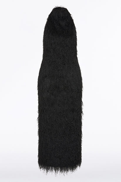BLACK FRINGE KNIT FITTED DRESS