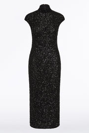 BLACK CRUSHED SEQUIN CAP SLEEVE MIDI DRESS