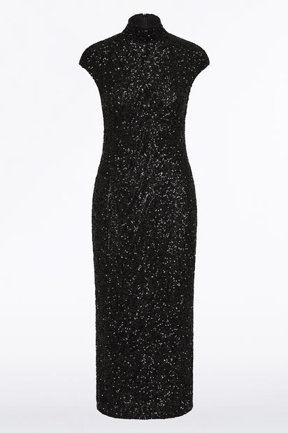 BLACK CRUSHED SEQUIN CAP SLEEVE MIDI DRESS