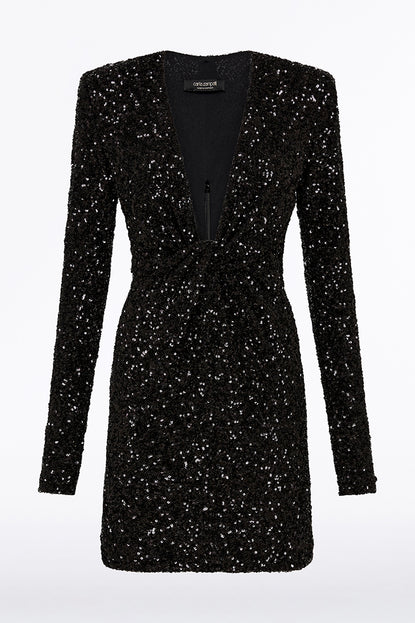 Black sequin plunge clearance dress with fringed skirt